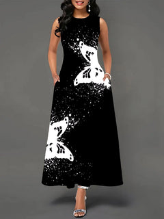 Printed Women's Sleeveless A-Line Skirt with Round Neck