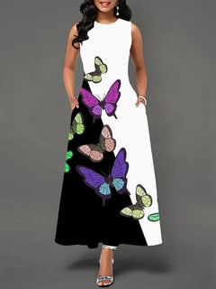 Printed Women's Sleeveless A-Line Skirt with Round Neck