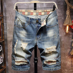 Men's Casual Knee-Length Jean Shorts with Distressed Details