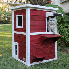 Petsfit Outdoor Cat House 2 Story Outside Cat Shelter Condo Enclosure with Escape Door for Stray Feral Cats Weatherproof