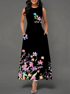 Printed Women's Sleeveless A-Line Skirt with Round Neck