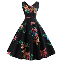 Vintage A-Line Sleeveless V-Neck Dress with Print