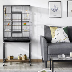 53.7'' H Rolling Bird Cage W/ Stand for Conures Parakeets Cockatiels,Black