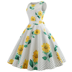 Vintage A-Line Sleeveless V-Neck Dress with Print