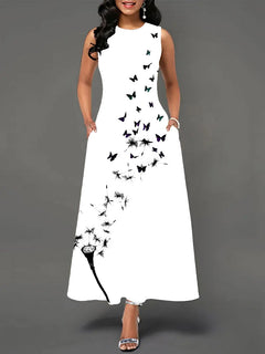 Printed Women's Sleeveless A-Line Skirt with Round Neck
