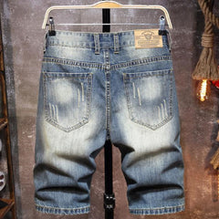 Men's Casual Knee-Length Jean Shorts with Distressed Details