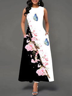 Printed Women's Sleeveless A-Line Skirt with Round Neck