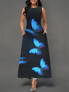 Printed Women's Sleeveless A-Line Skirt with Round Neck