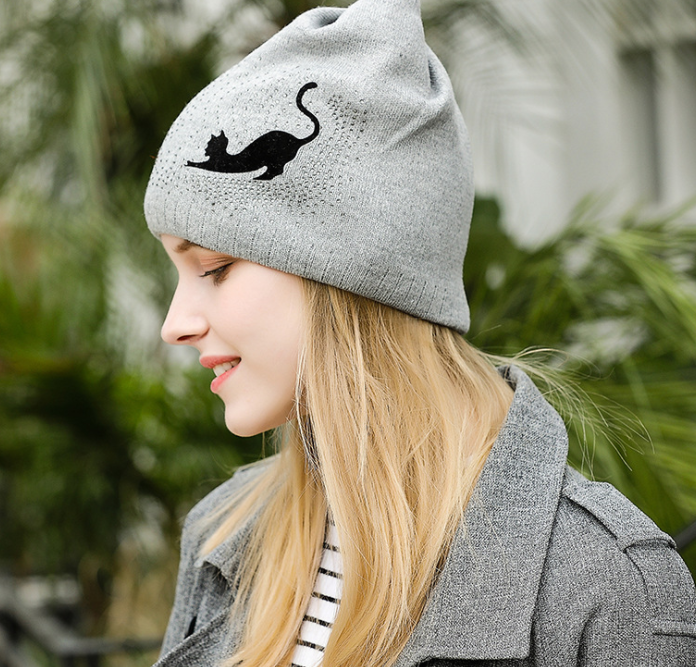 Knit Hat with Cat Ears and Bow - Little Black Cat