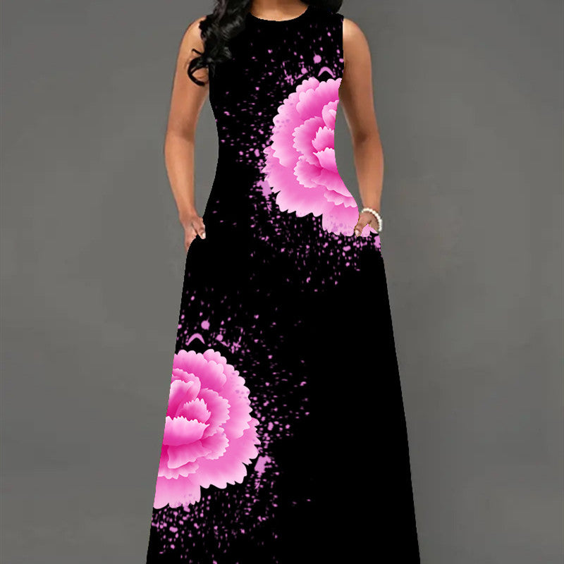 Printed Women's Sleeveless A-Line Skirt with Round Neck
