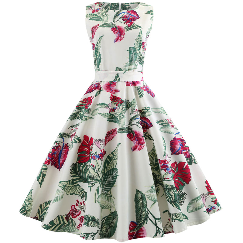 Vintage A-Line Sleeveless V-Neck Dress with Print