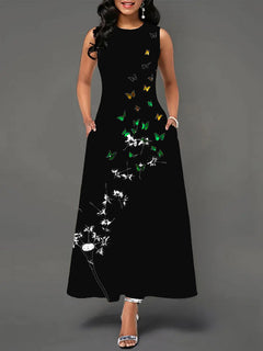 Printed Women's Sleeveless A-Line Skirt with Round Neck