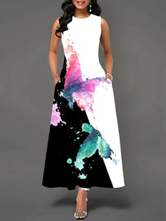 Printed Women's Sleeveless A-Line Skirt with Round Neck