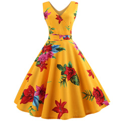 Vintage A-Line Sleeveless V-Neck Dress with Print